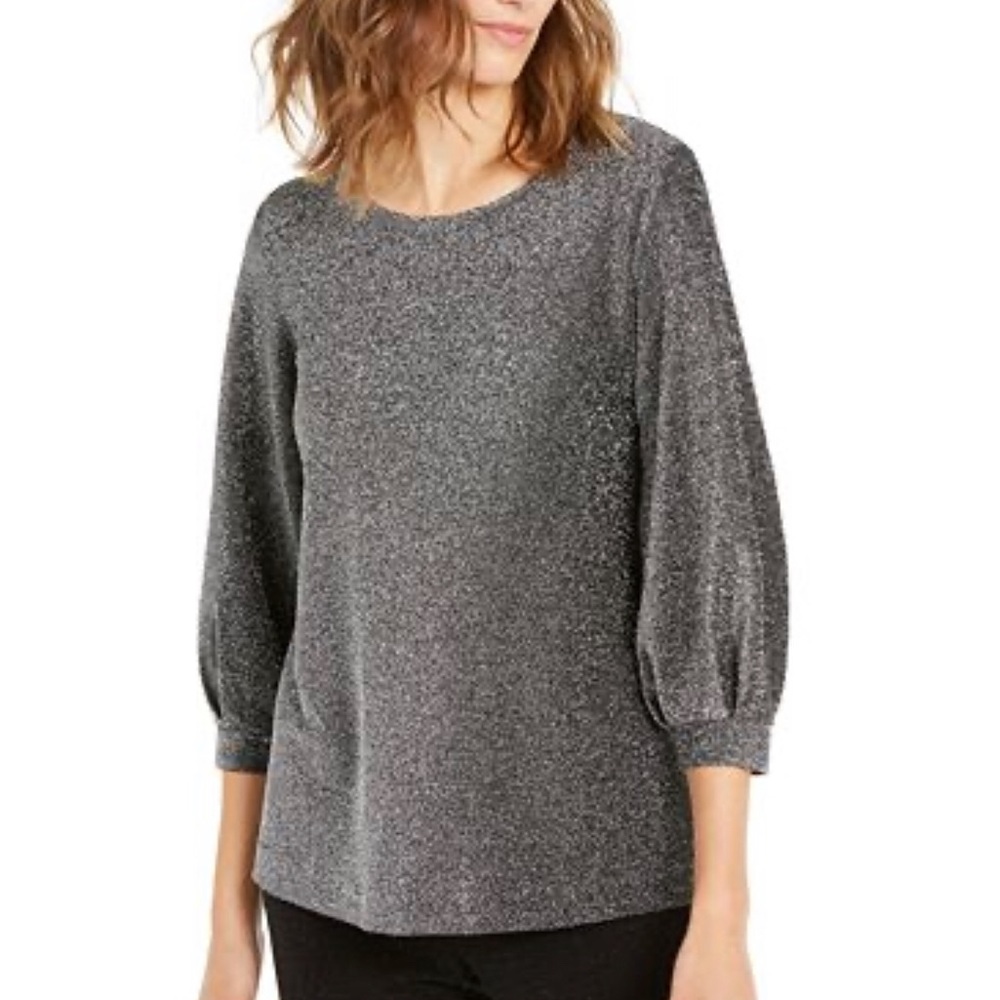 Alfani Metallic-Knit Bishop-Sleeve Top size small